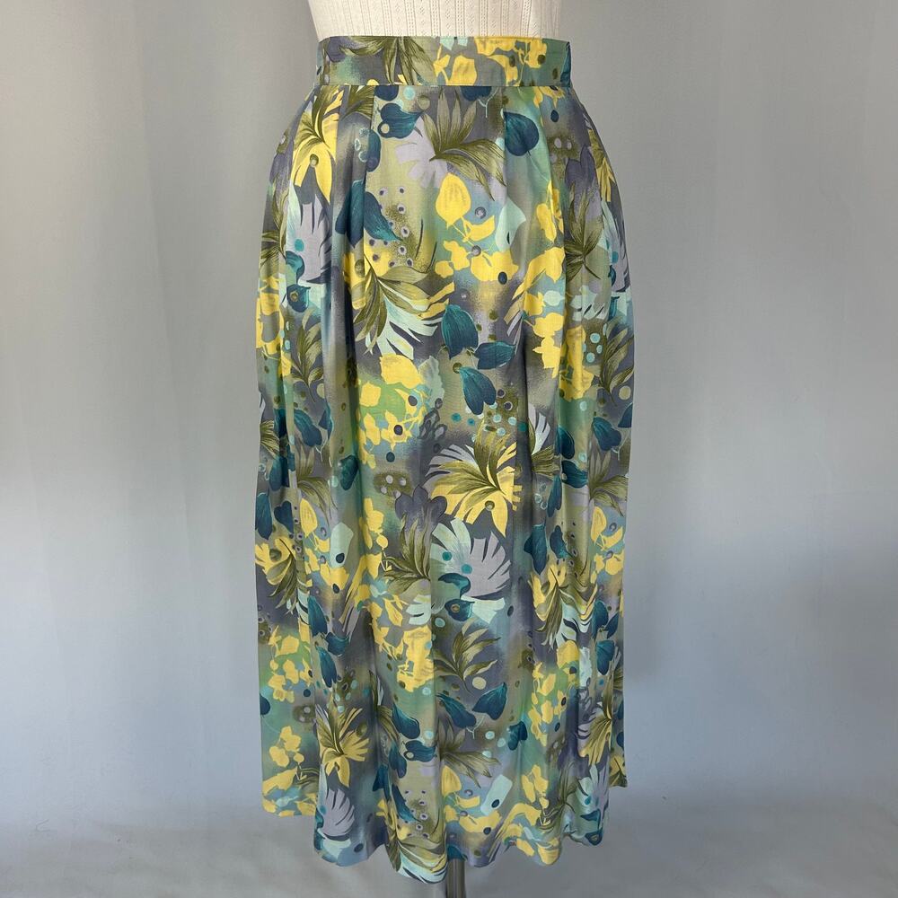 Vintage Midi Skirt Size Medium Blue Green Tropical Floral Pleated Boho 90s Y2K
